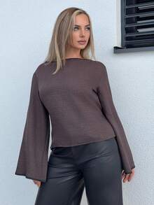 Jeta Ari 女士优雅后腰系带长袖衬衫，适合秋季通勤 - 棕色 - 查看 1