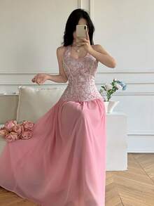 Celisse Abito elegante da donna con collo alla halter, senza schienale, in rete ricamata, vita aderente - Rosa - Visualizzare 5