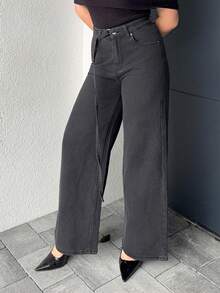 Jeta Ari 女式抽绳腰系带直筒休闲牛仔裤 Old Money 风格商务休闲女装 - 黑色 - 查看 6