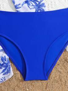 SHEIN 少女四件套泳衣，时尚印花分体泳衣，荷叶边装饰，适合游泳、度假、海滩、泳池、夏季假日派对 - 寶藍色 - 查看 3