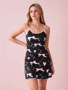 Valentine's Day Cute Bow & Heart Print Y2K Style Camisole Nightgown For Women - Black - View 3