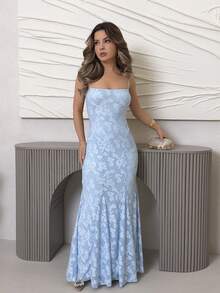 Jemour Ladies' Spring/Summer Holiday & Wedding Season Solid Color Cross Back Lace Trim Mermaid Dress Party - Baby Blue - View 5