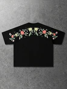 ROMWE MEN Men's Casual Floral Embroidery Pattern Loose T-Shirt - Black - View 1