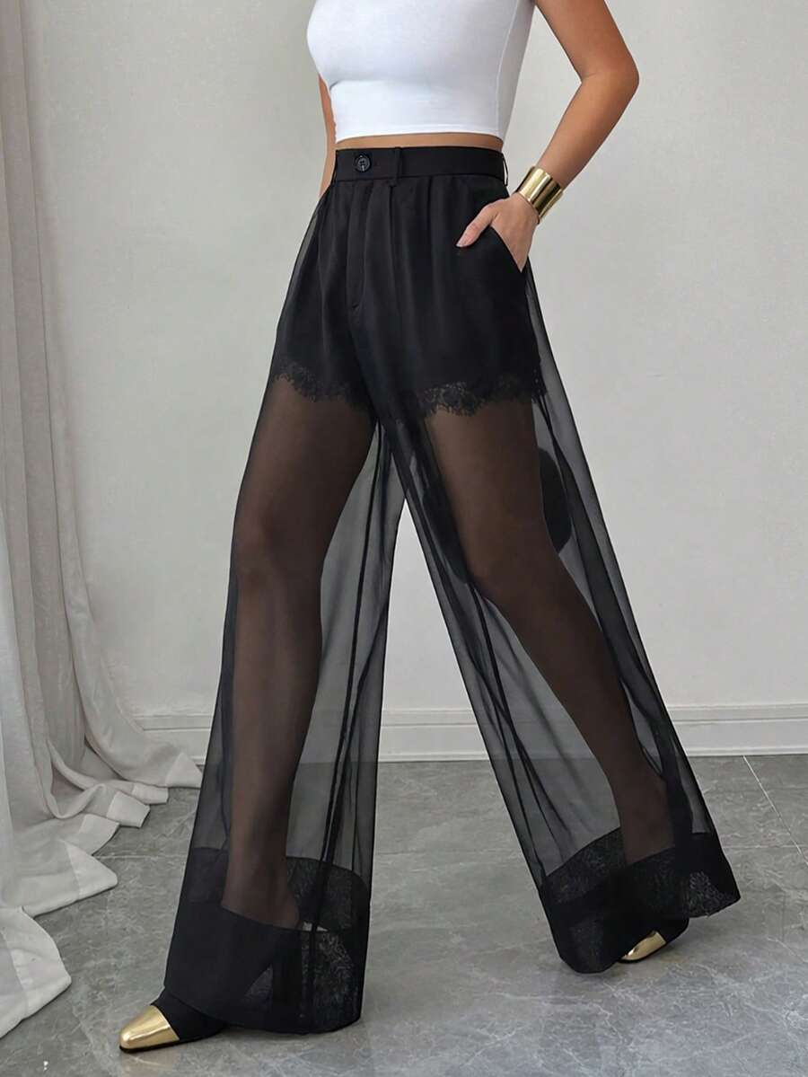 SHEIN Elenzya Quần ống rộng cạp cao bằng vải chiffon đen thời trang và thanh lịch dành cho nữ, có điểm nhấn là cúc cài, thích hợp mặc hàng ngày. - màu đen - Xem 1