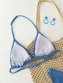 Bộ bikini hai dây tam giác hở lưng màu xanh dương trơn dành cho thiếu nữ, họa tiết vỏ sò, thích hợp mặc đi biển mùa hè. - Màu xanh lam - Xem 5