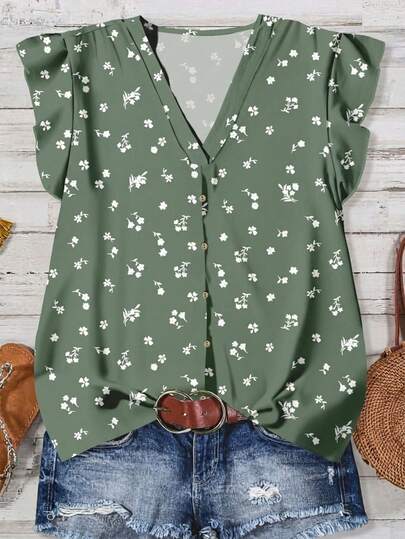 Rusticease Women's Casual Floral Pattern V-Neck Blouse, Suitable For Summer V Neck Blouses For Women Floral Blouses For Women Fall Clothes For Women Chic Blouses For Women,Casual