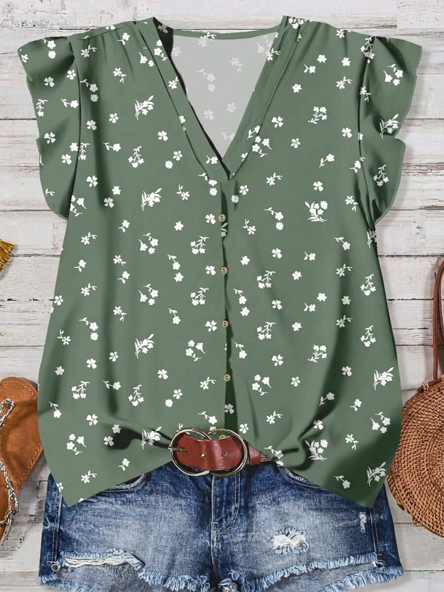 Rusticease Women's Casual Floral Pattern V-Neck Blouse, Suitable For Summer V Neck Blouses For Women Floral Blouses For Women Fall Clothes For Women Chic Blouses For Women,Casual - Green - View 1