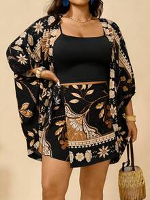 Elenzga 大码女装夏季畅销款中式彩色花卉印花长袖开衫，搭配蓝色针织抹胸上衣和松紧腰宽松短裤，休闲家居两件套，春夏款 - 黑色 - 查看 4