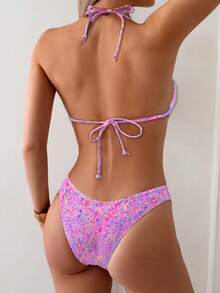 SHEIN Swim 女士夏季沙滩印花露背系带性感比基尼和三角泳裤套装 - 彩色 - 查看 2