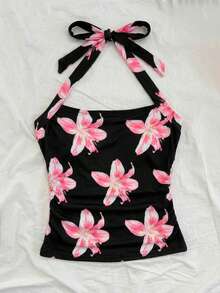 SHEIN 少女度假针织粉色芙蓉花印花露背吊带衫，腰部褶皱修身时尚款式，适合春夏季节、派对、约会、情人节、下午茶、复活节、狂欢节、海滩游轮度假等场合。 - 彩色 - 查看 3