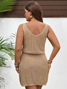 EMERY ROSE Women V-Neck Hollow Out Fitted Casual Sweater Dress, Spring/Summer - Camel - View 2