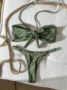 Swim Vcay Bộ bikini không dây màu trơn dành cho nữ, trang trí hoa văn bằng kim loại, thích hợp cho mùa xuân/hè. - xanh quân đội - Xem 3