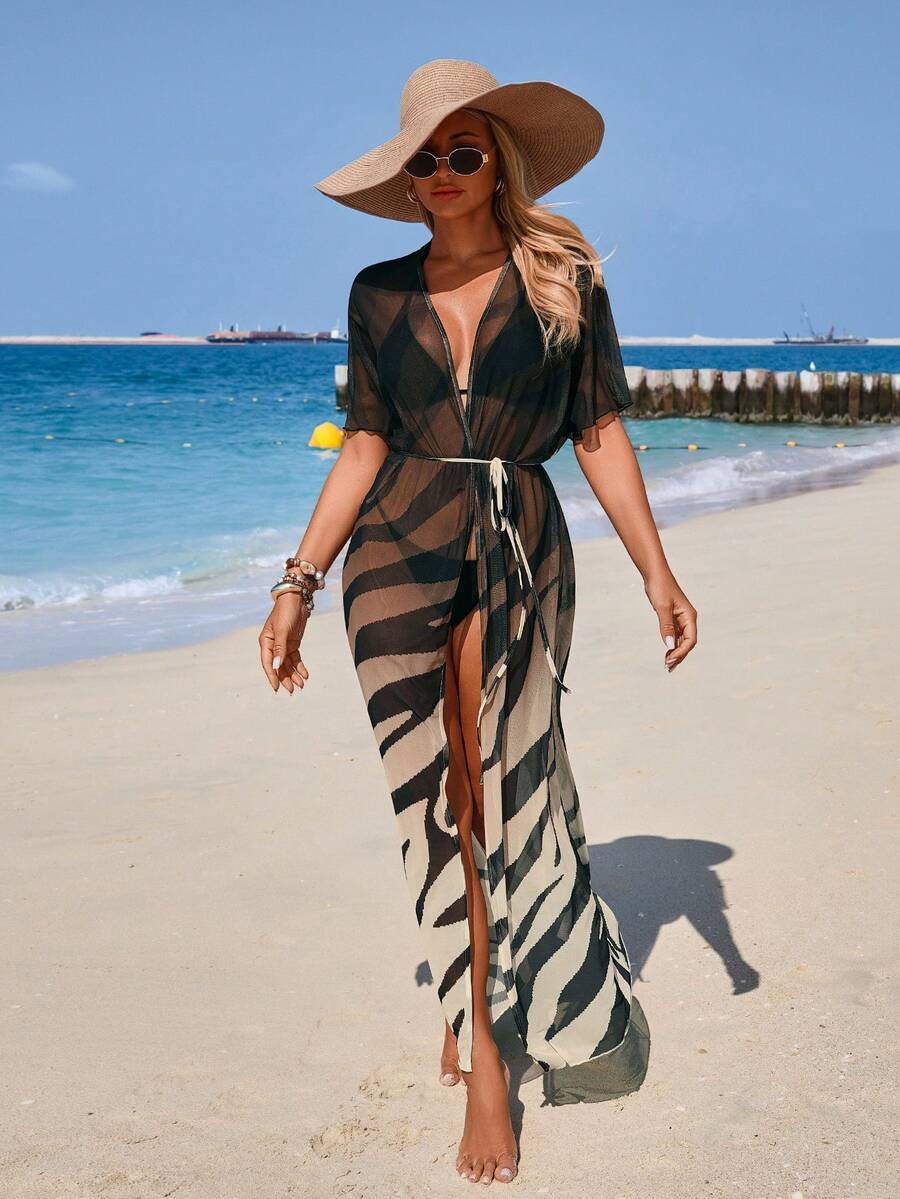 SHEIN Swim Chicsea 女士夏季度假斑马纹薄纱长款和服开衫 - 棕色 - 查看 1