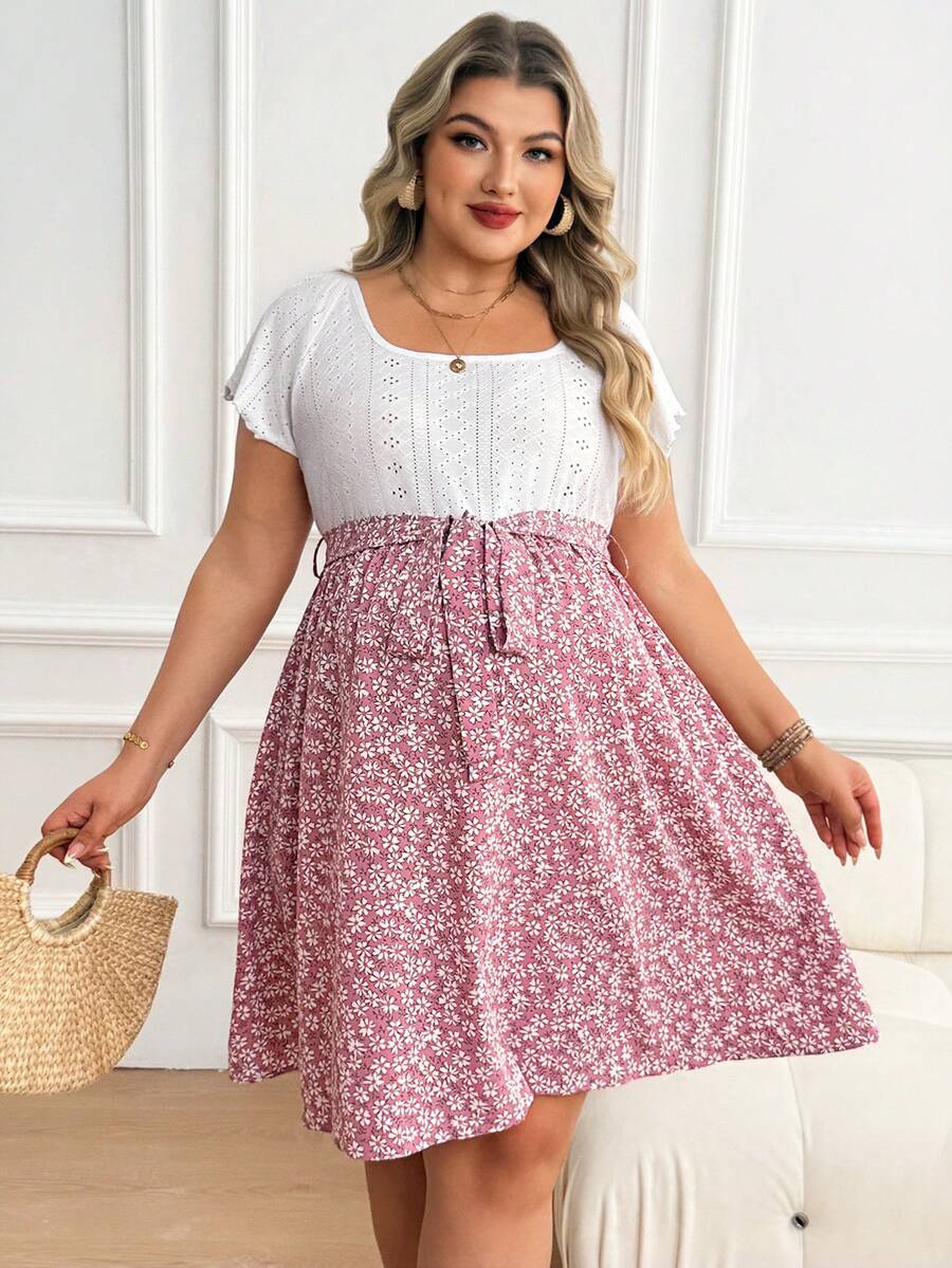 Plussiva Maternity Plus Size Casual Ditsy Floral Patchwork Dress - Pink - View 1