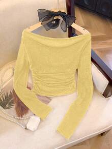 Lyxana Women's Solid Color Shiny Off Shoulder Long Sleeve Ruched T-Shirt - Yellow - View 2