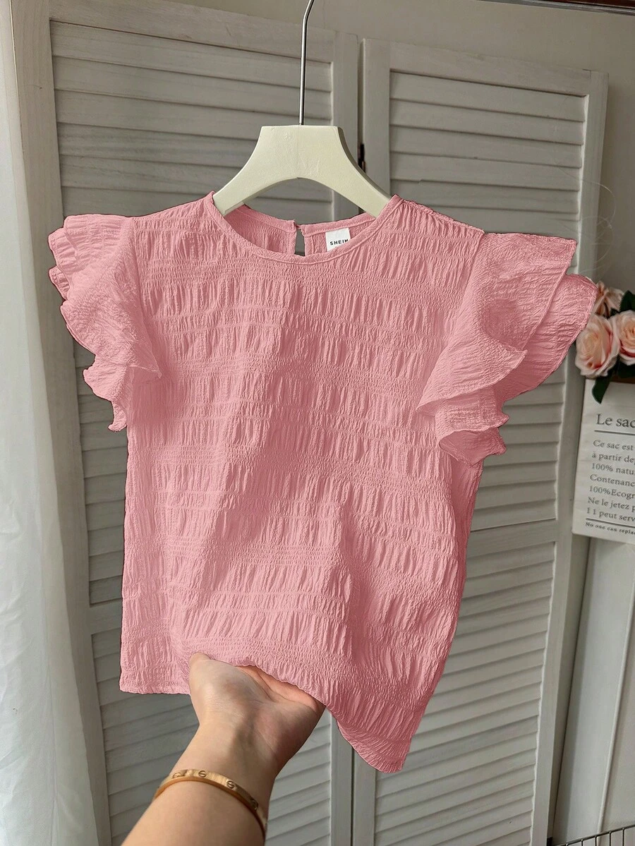 Teen Girls Pink Textured Woven Blouse,Round Neck,Ruched Ruffled Trim Flutter Sleeves,Cute Summer Party Casual French Elegant Back To School Tops - Pink - View 1