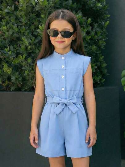 SHEIN 1pc Girls' Casual Solid Color Minimalist Romper, Suitable For Daily Wear And Outdoor