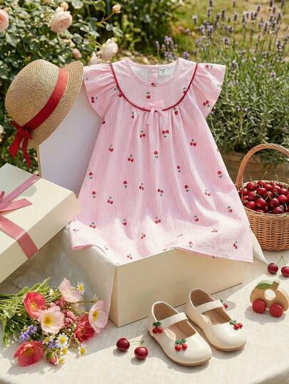 Souflis Souflis French Style New Girls Toddler Summer Dress, Striped Cherry Print, Flutter Sleeves, Ruffle Collar, Red Trim, Bow Decor, Button Back, Minimalist Elegant Princess Dress