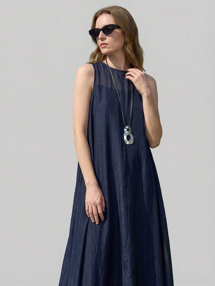 Ontre 2026春夏新款女士长裙，藏蓝色，舒适柔软的梭织面料，圆领无袖宽松版型，现代都市时尚商务休闲办公装，低调复古优雅高端都市通勤装，高品质机场时尚，邮轮度假装，婚礼宾客礼服，简约奢华感，四季皆宜，假日装扮 - 藏蓝色 - 查看 1