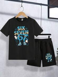 2pcs/Set Tween Boy Black Summer Casual City Break Fashionable Numeric 67,Slogan Graphic Print Short T-Shirt And Shorts Suit,Comfortable Daily Wear - Black - View 4