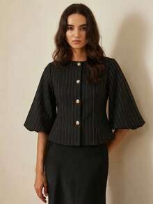 Aveloria Rosie Elegant French Retro Romantic Luxury High-End Design Herringbone Round Neck 3/4 Petal Sleeve Cinched Waist Slim Metal Button Women's Blazer - Black - View 2