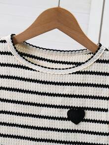 SHEIN Tween Girl Heart Graphic Striped Tank Top And Shorts Casual Set - Black and White - View 3