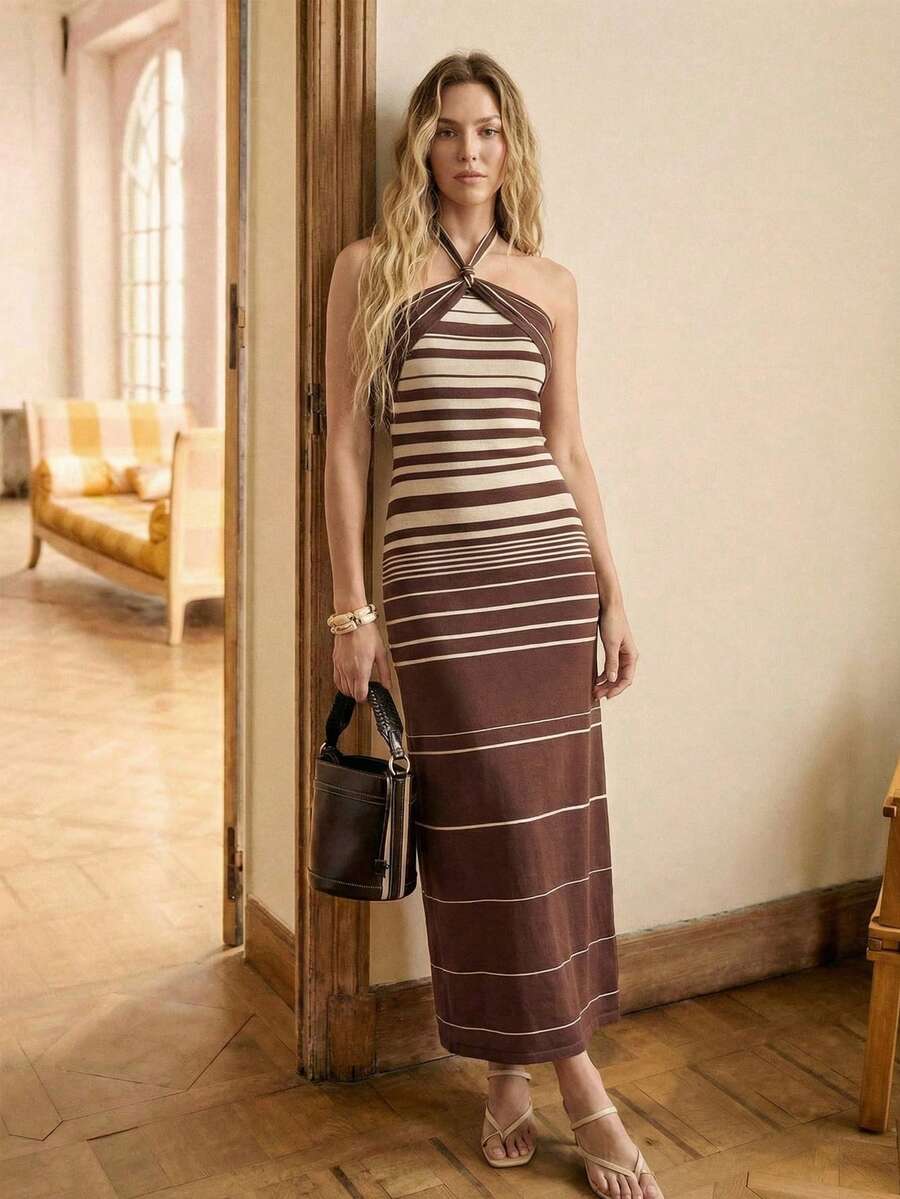 BizChic Đầm hở lưng cổ yếm màu nâu cà phê, chống xù lông, móc bằng sợi tơ tằm, họa tiết sọc gradient không đều, điểm nhấn kim loại, phù hợp cho nhiều dịp: Công sở, trang trọng, thanh lịch, đi làm hàng ngày, lãng mạn, phong cách Y2K, retro thập niên 90, tiệc tùng, khách dự đám cưới, phù dâu, chủ nhà, đi chơi, giao lưu, hẹn hò, tiệc tùng, buổi hòa nhạc, lễ tốt nghiệp, bữa trưa muộn, tiệc trà, sân bay. - Màu Khaki - Xem 1