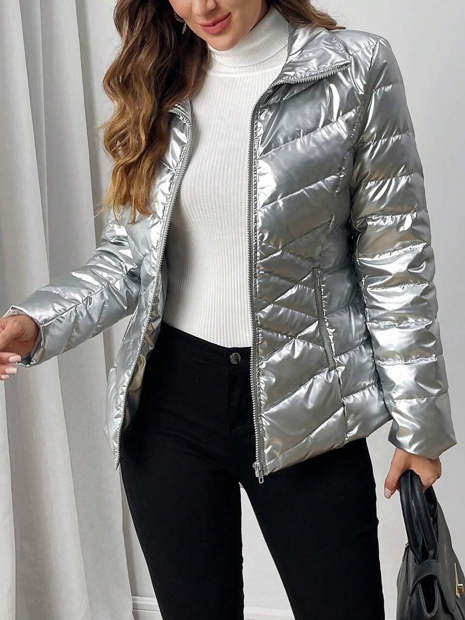 Women's Winter Jacket With Silver Zipper For Warmth Coat Feather Down& Feathers Coat