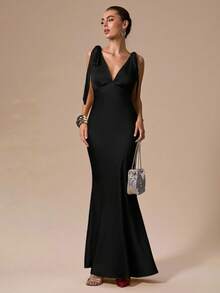 SHEIN BAE Sexy Minimalist Solid Color Cream Yellow Deep V-Neck Backless Bowknot Tie Dress, Suitable For Party, Cocktail, Formal Occasions, Bridesmaid, Birthday, Christmas, Business Casual,Summer Dresses For Women - Black - View 3