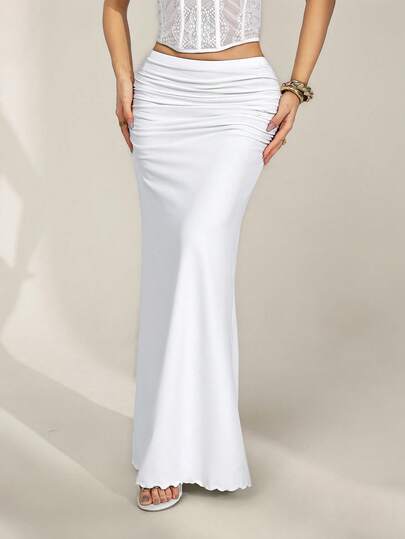 SHEIN PETITE Women's White Solid Color Party Prom Maxi Mermaid Skirt, Suitable For Going Out, Concert, Party, Club Outfits, Date, Night Out, Vacation Outfits ,Beach Outfits,Garden Wedding Guest Skirt, Elegant Skirt For Women,Valentine's Day,For Autumn And Winter