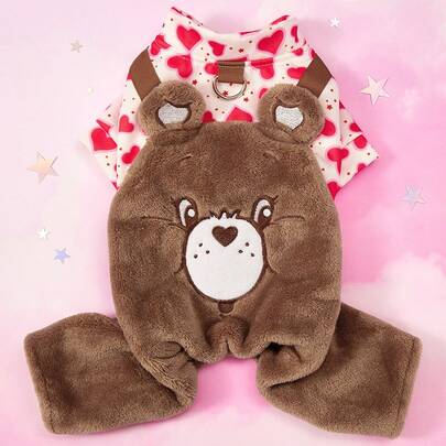 Care Bears X PETSIN 1pc Pet Clothing, Brown Heart-Shaped Teddy Bear Embroidery, Autumn And Winter Thick Warm Four Legged Jumpsuit With Traction D-Ring Cat And Dog Clothing