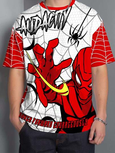 男童休闲舒适时尚简约圆领短袖T恤，经典酷炫蜘蛛网、蜘蛛侠、蜘蛛英雄卡通图案印花，适合春夏穿着