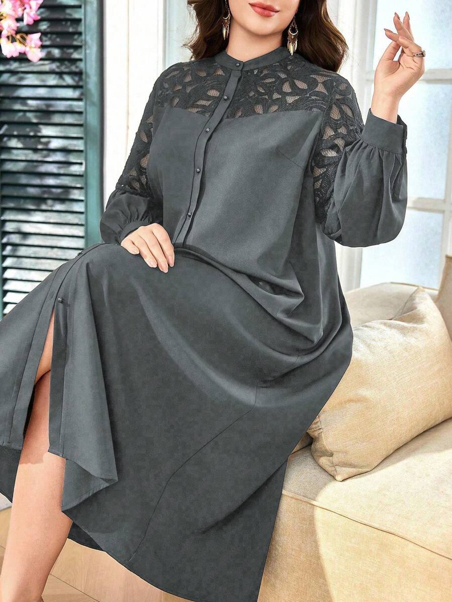 SHEIN Lacomfia 女士衬衫裙，立领长袖，刺绣镂空蕾丝拼接，宽松舒适优雅日常百搭大码阿拉伯风格 - 灰色 - 查看 1