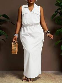 Slaydiva Plus Size Women 2-Piece White Summer Silky Smart Casual Holiday Set,Elegant Sleeveless Shirt Collar Utility Pocket Cropped Top & Long Skirt Outfits - White - View 1