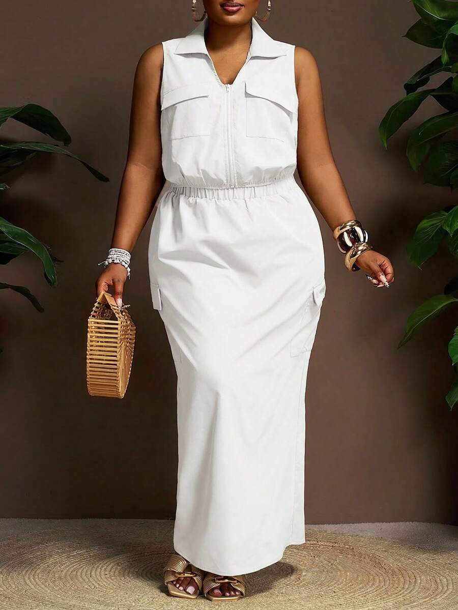 Slaydiva Plus Size Women 2-Piece White Summer Silky Smart Casual Holiday Set,Elegant Sleeveless Shirt Collar Utility Pocket Cropped Top & Long Skirt Outfits - White - View 1