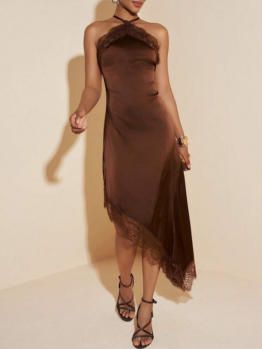 Zivah 2026春夏新款音乐节、复活节、圣帕特里克节、情人节、约会、西部风、游牧风、生日派对、毕业典礼、大学、学生、日常休闲、百搭基础款、休闲、邮轮旅行、海滩、日光浴、热门款、街头服饰、婚礼宾客、通勤、早午餐、机场、派对、假日郊游、办公装、吊带无袖不对称下摆长款蕾丝棕色缎面亮面露背连衣裙