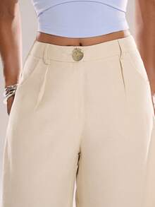 Avantive 女士口袋纽扣休闲百搭日常阔腿裤 - 杏色 - 查看 5