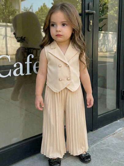 SHEIN 2pcs Baby Girl Woven Solid Color Casual Shirt And Pants Set