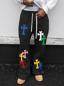 PAVTROS Men's Drawstring Waist Cross Embroidery Casual Sweatpants - Black - View 5