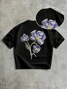 Manfinity ZONE917 宽松彩色涂鸦3D花卉印花黑色短袖T恤，适合夏季穿着，可作为送给男友或自己的礼物。 - 黑色 - 查看 1