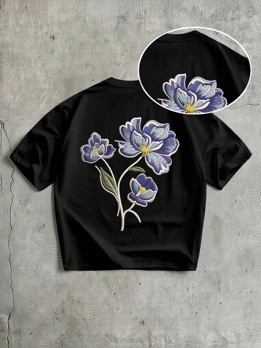 Manfinity ZONE917 宽松彩色涂鸦3D花卉印花黑色短袖T恤，适合夏季穿着，可作为送给男友或自己的礼物。 - 黑色 - 查看 1