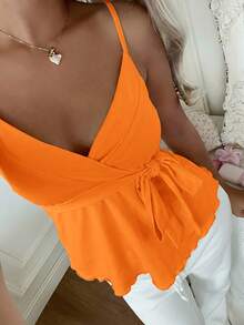 CovetEZ 女士春夏新品 - 甜美休闲橙色清新少女侧系荷叶边吊带背心 - 橘色 - 查看 2