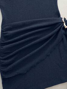 Olithes 时尚新款春夏约会之夜性感优雅修身高领金属扣褶皱无袖连衣裙（女款） - 藏蓝色 - 查看 4