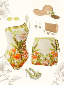 Swim Oasis 两件套女士连体泳衣，高端套装，OASIS系列，南美热带植物、动物和花卉印花，挂脖系带连体泳衣搭配侧系带迷你裙，适合海滩、泳池、度假等场合。 - 彩色 - 查看 1