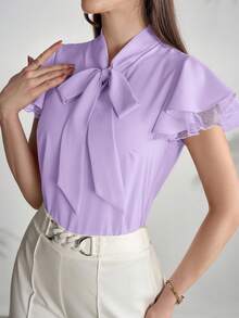 Modelyn Blus Elegan Wanita Warna Polos dengan Kerah Ikat dan Lengan Berkerut, Atasan Musim Panas - Purple - View 3