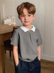 DAZY Young Boy Colorblock Polo Collar Short Sleeve Casual Sweater Summer - Grey - View 5