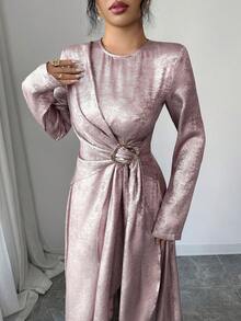 Elenzga Đầm maxi dài tay dáng chữ A màu trơn, chất liệu ánh kim, cổ tròn, thắt eo chéo, chất liệu vải ánh kim, dành cho nữ, thích hợp mặc đi làm, đi nghỉ mát, dự tiệc trà chiều. Đầm thanh lịch, đầm cổ điển, đầm dài tay dự tiệc, đầm dài dự đám cưới cho nữ. - Màu Hồng baby - Xem 4