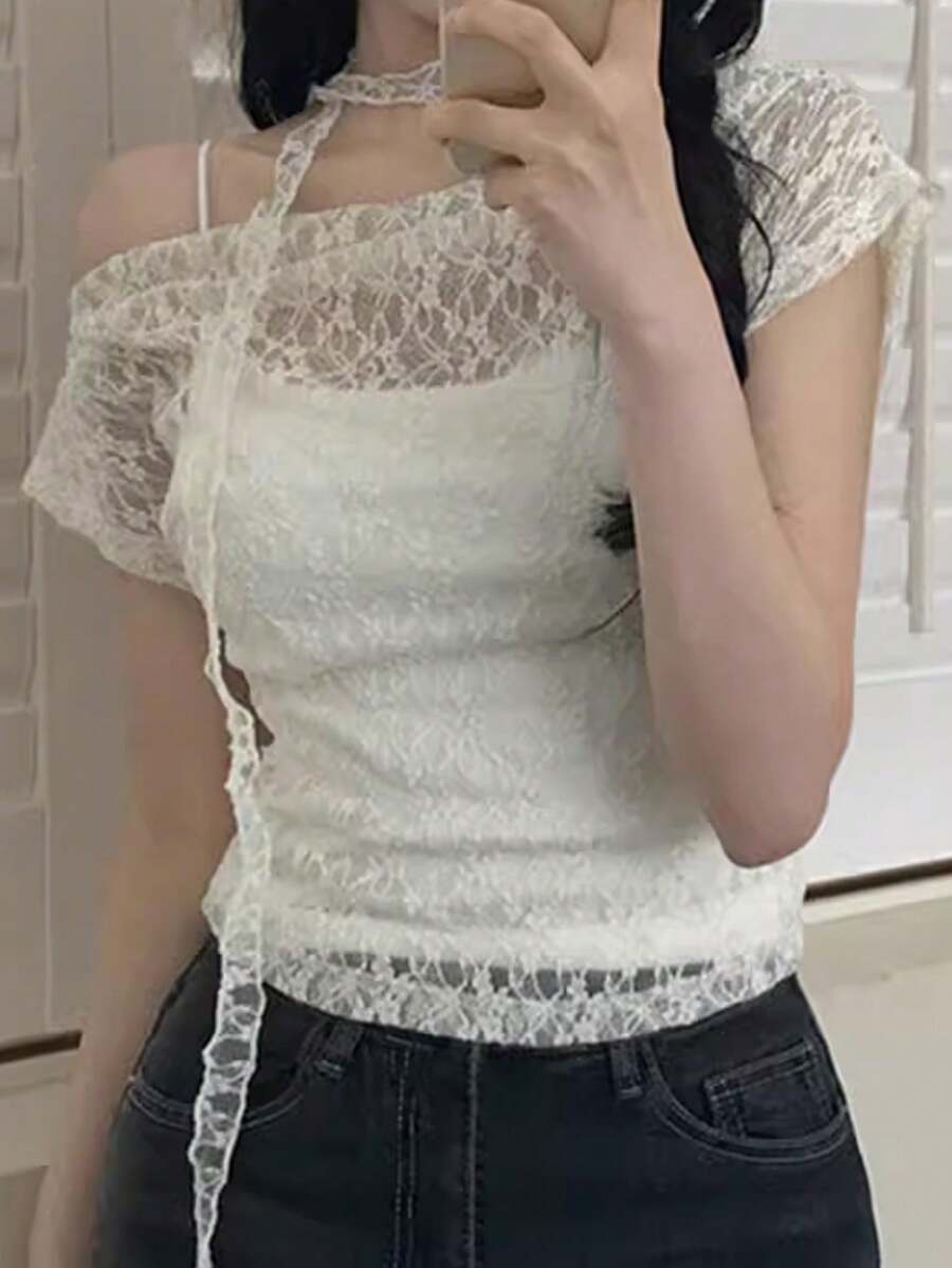 DAZY 春夏蕾丝薄纱沙滩罩衫，休闲度假风，适合情人节、婚礼等场合 - 白色 - 查看 1