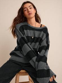 Easelle Áo len dài tay kẻ sọc dáng rộng thả vai cho nữ, mùa thu và đông, áo chui đầu thả vai nhiều màu dài tay rộng rãi cho nữ vào cuối thu, áo dài tay - Nhiều màu - Xem 1