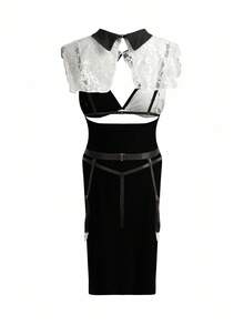 Fantasy Costume Bộ trang phục Halloween gợi cảm khoét rỗng 5 món - Đen và trắng - Xem 7